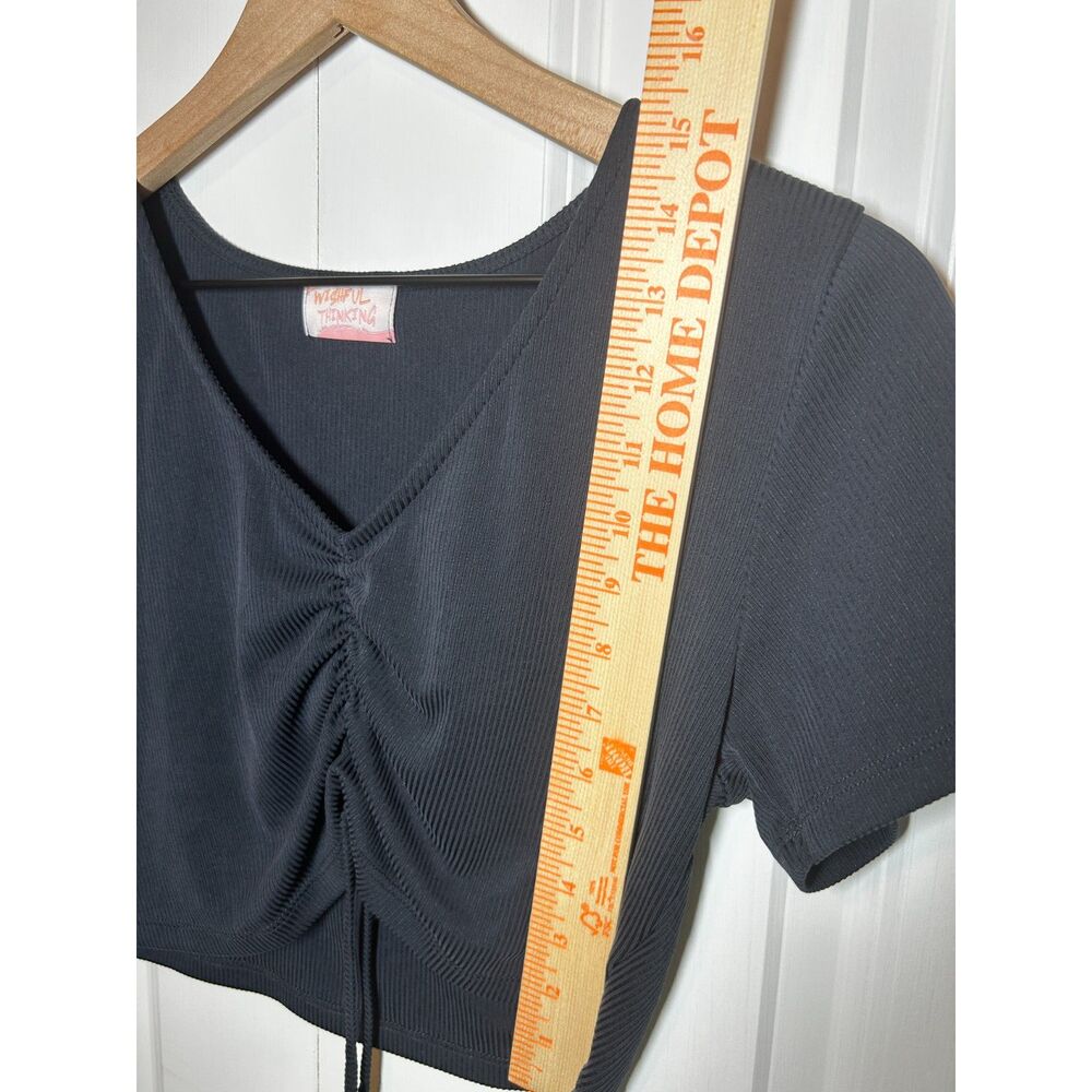 Wishful Thinking Black Ribbed Ruched Drawstring Crop Top V-Neck - Picture 4 of 5